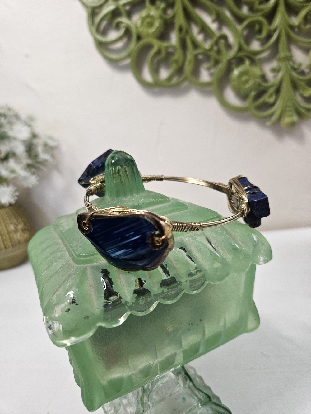 Gold Wire Bangle with Dark Blue Stone & Glass Accents